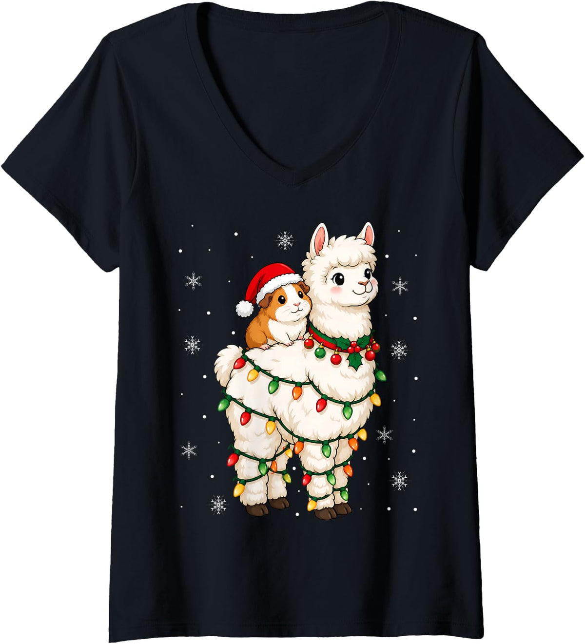 Women's Festive Santa Guinea Pig Alpaca Christmas Lights Holiday V-Neck T-Shirt - Black