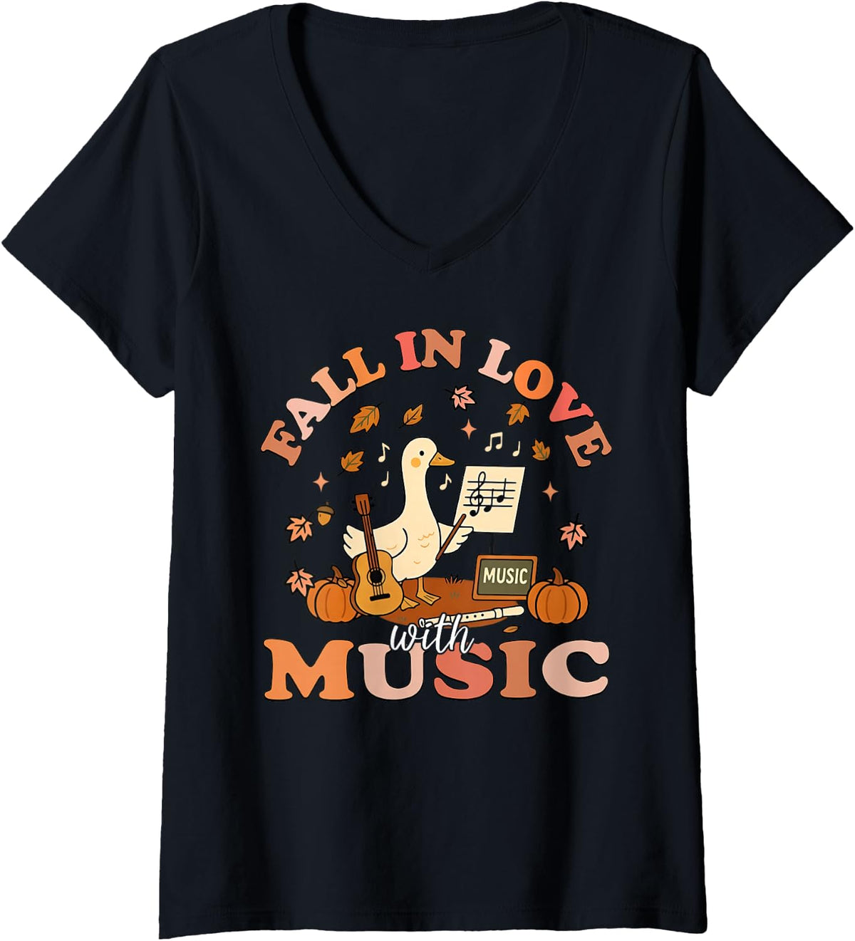 Women's Fall in Love with Music Teacher Silly Goose Autumn Pumpkin V-Neck T-Shirt - Black