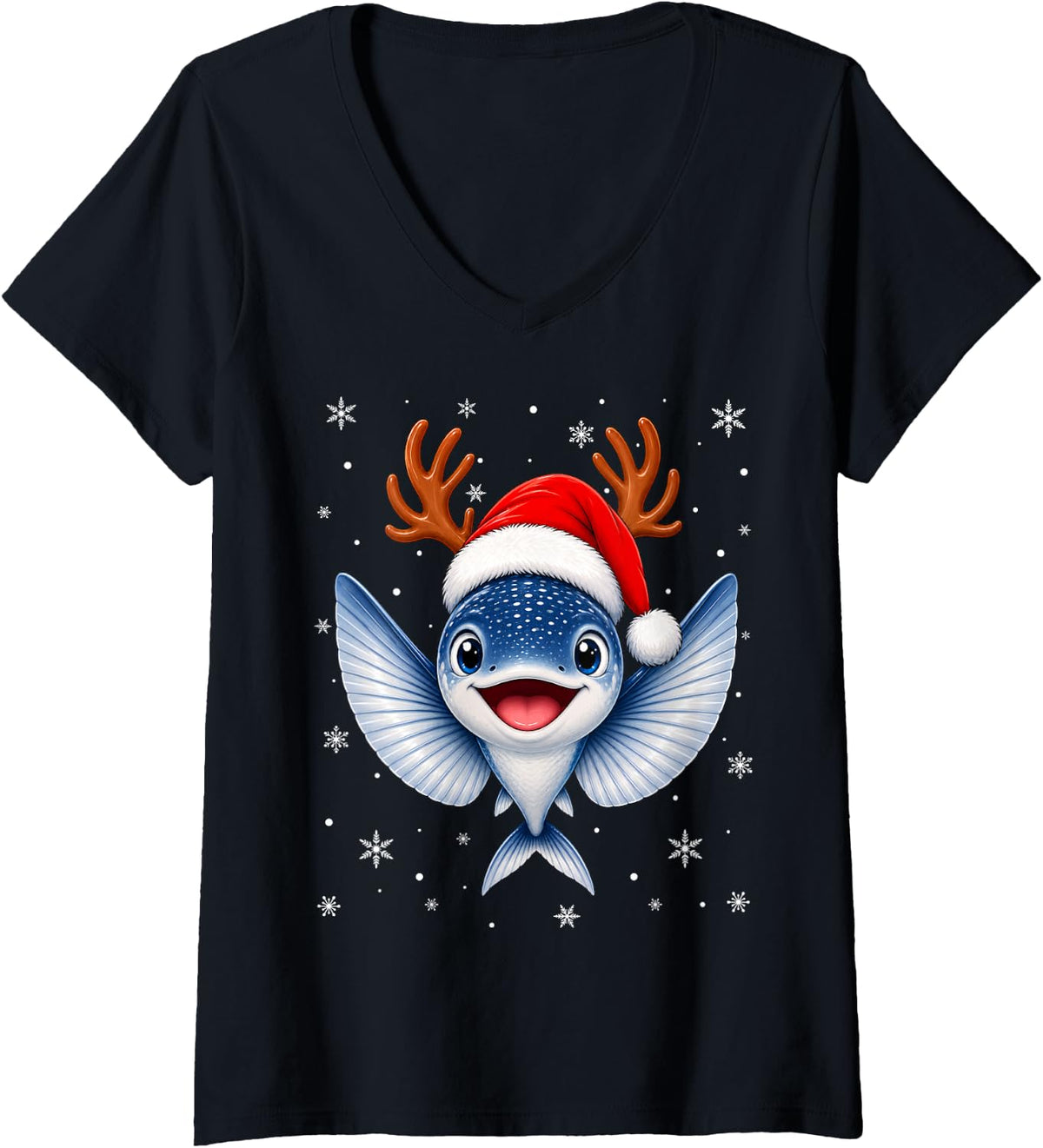 Women's Cute Reindeer Horn Santa Flying Fish Christmas V-Neck T-Shirt - Black