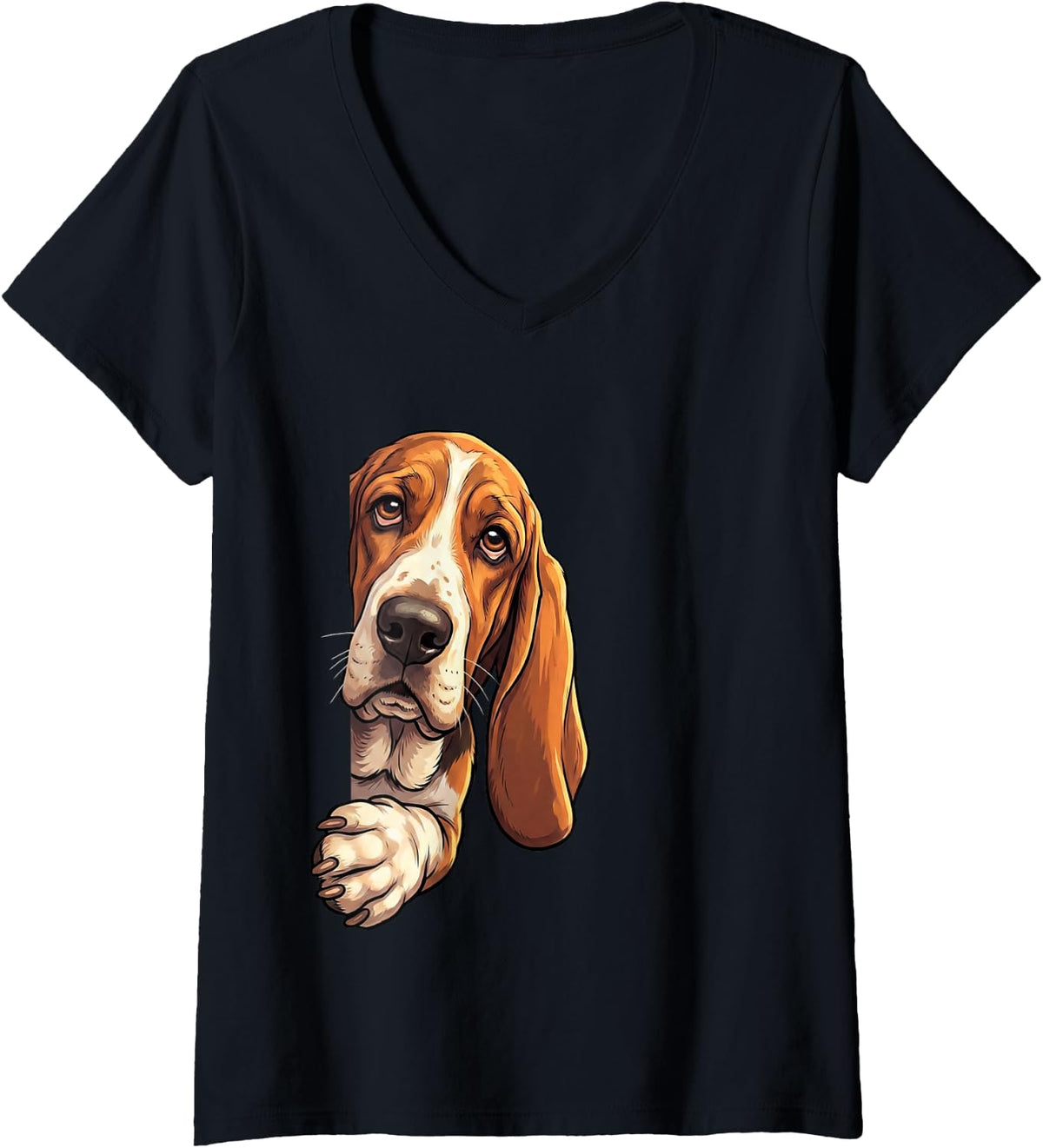 Women's Funny Basset Hound Peeking from Side Dog Owner V-Neck T-Shirt - Black