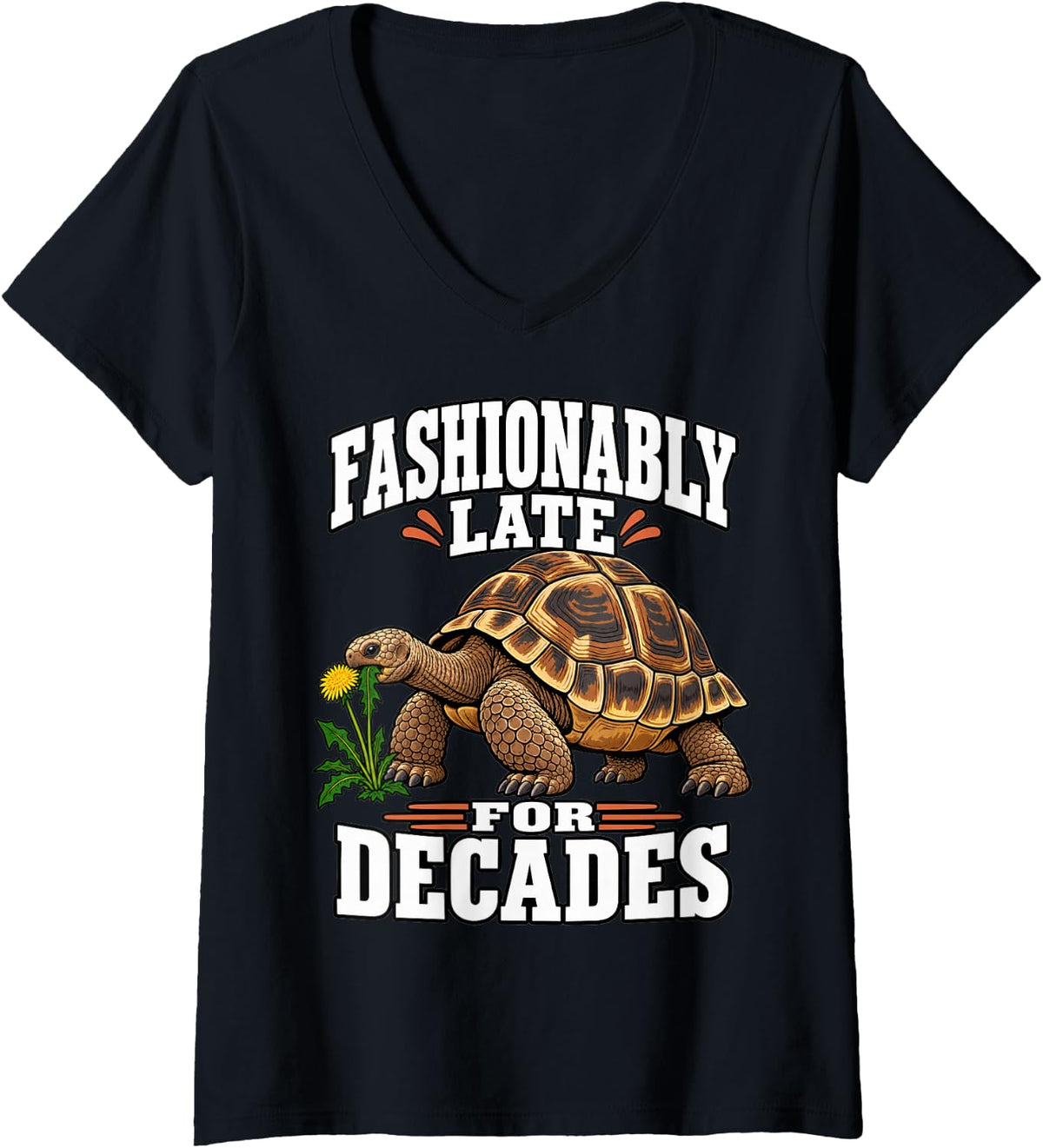 Women's Tortoise Fashionably Late for Decades Turtle Lover Sulcata V-Neck T-Shirt - Black