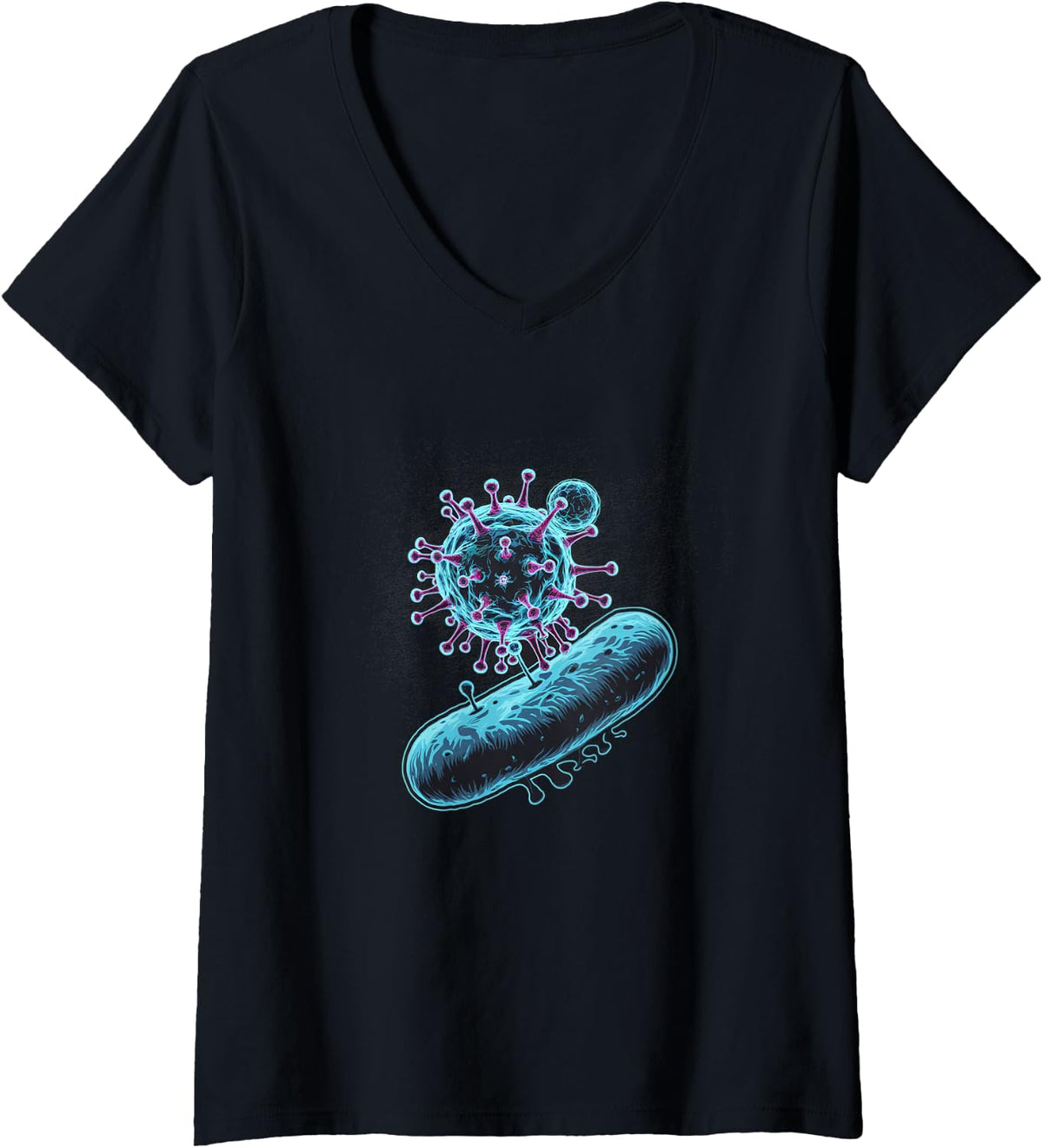 Women's Bacteriophage Science Art Microbiology Illustration V-Neck T-Shirt - Black