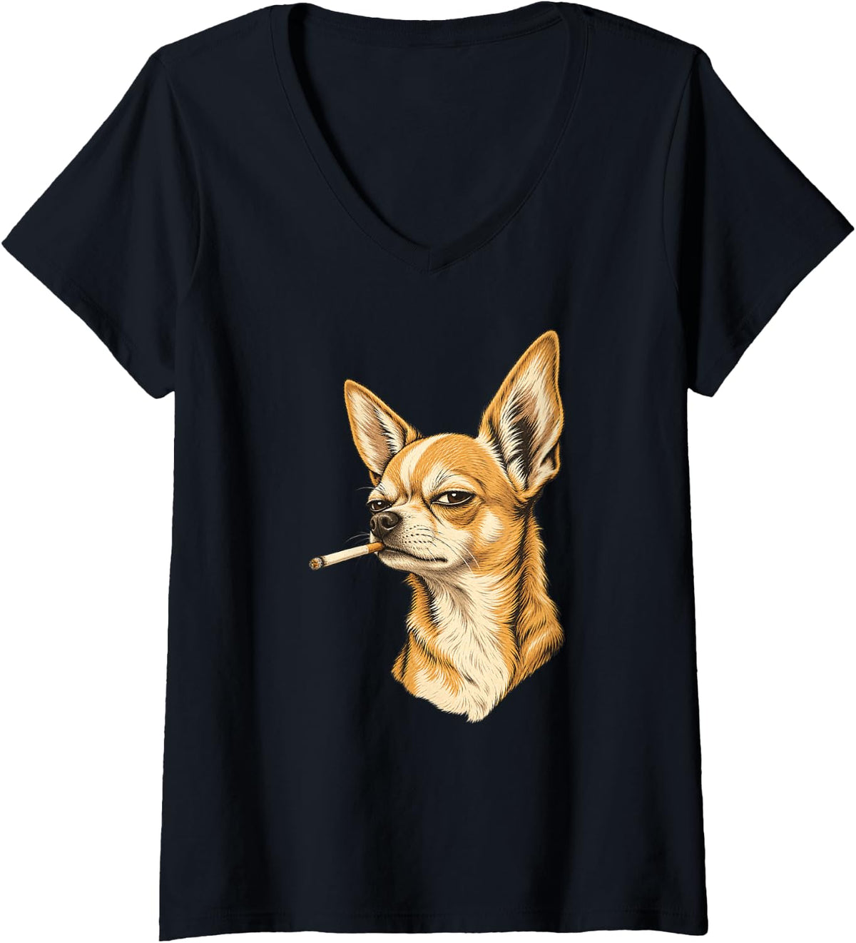 Women's Funny Smoking Chihuahua Dog with Cigarette V-Neck T-Shirt - Black