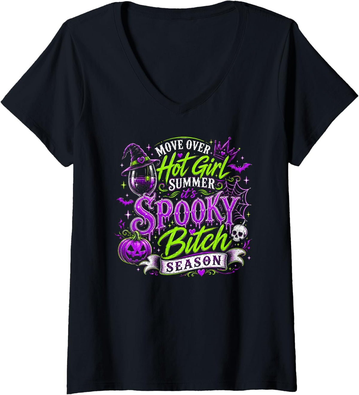 Women's Halloween Spooky Bitch Season Witchy October Women Humor V-Neck T-Shirt - Black