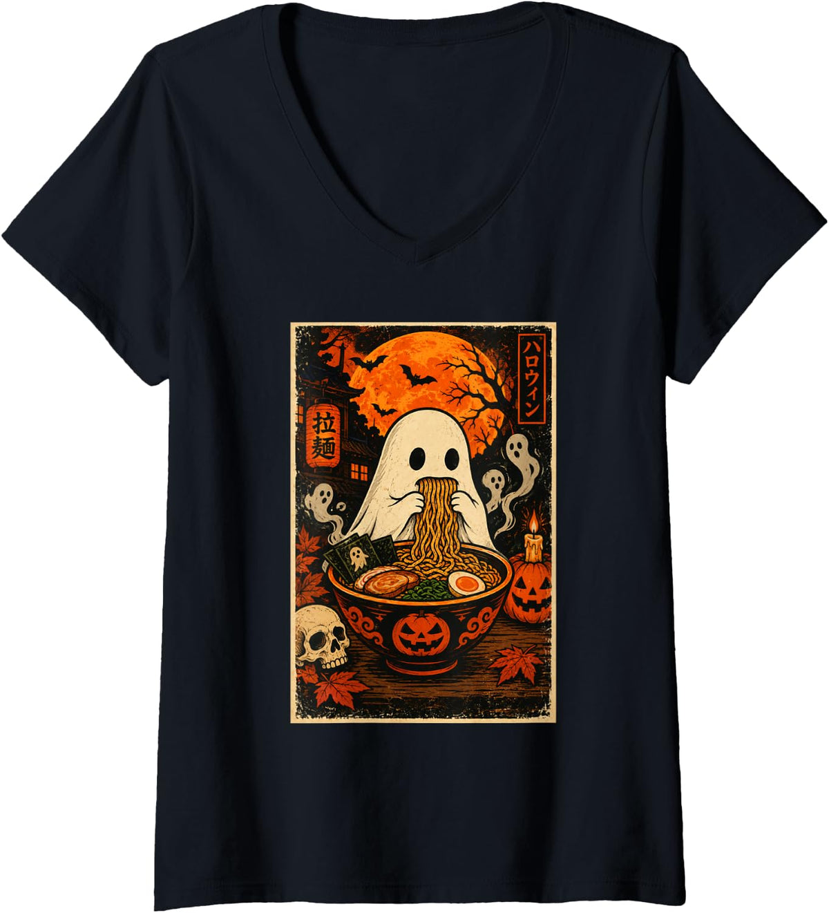 Women's Kawaii Ghost Eating Ramen Noodles Japanese Halloween V-Neck T-Shirt - Black