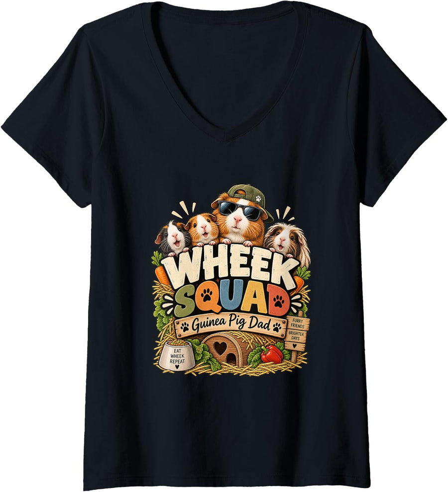 Women's Wheek Squad Guinea Pig Dad Funny Cavy Lover V-Neck T-Shirt - Black