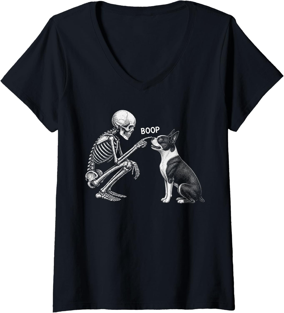 Women's Skeleton Boop Boston Terrier Dog Nose Vintage Halloween V-Neck T-Shirt - Black
