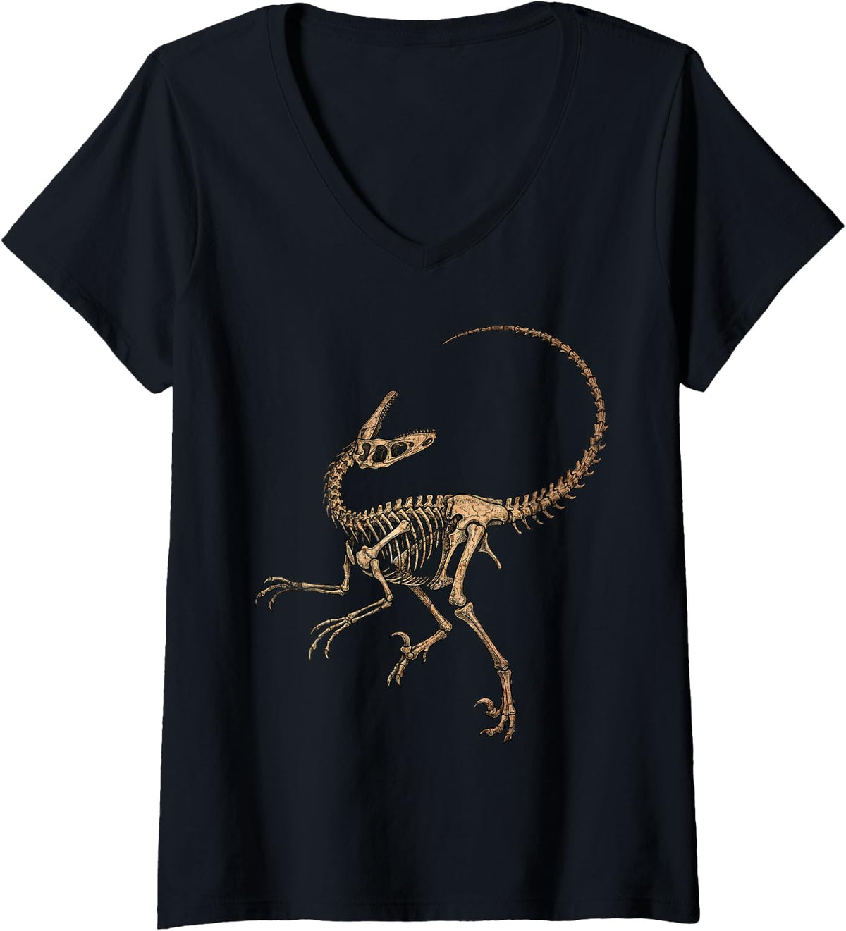 Women's Velociraptor Dinosaur Skeleton Fossil Bones Paleontology V-Neck T-Shirt - Black