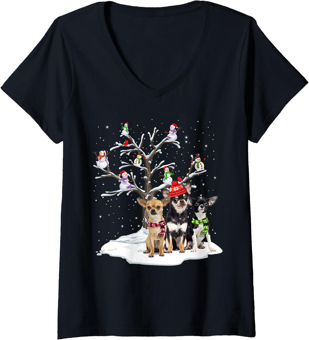 Women's Chihuahua Christmas Snow Tree Snow Man Funny Dog Lover Gift V-Neck T-Shirt - Black