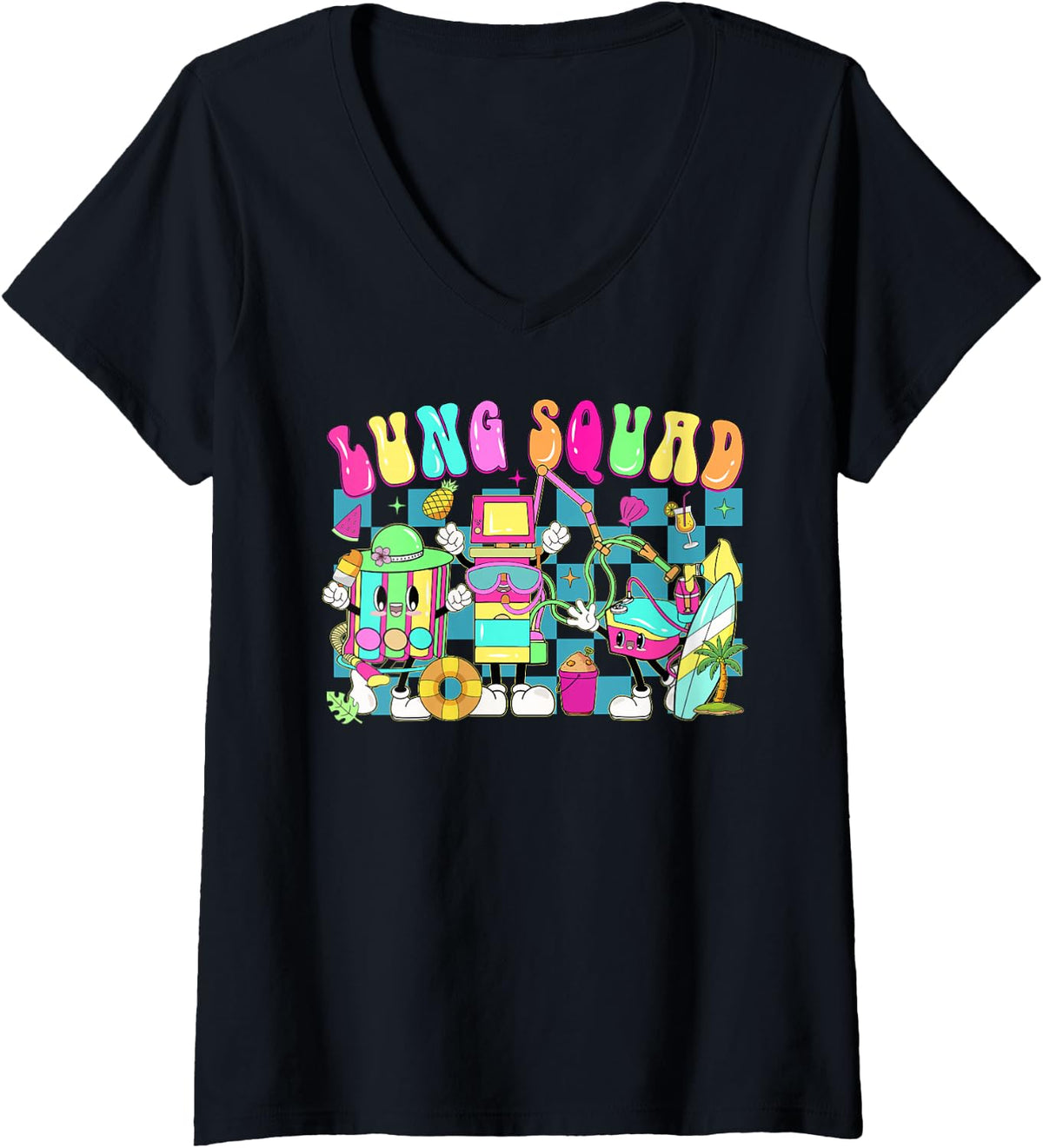 Women's Retro Lung Squad Summer Vibe Float Respiratory Therapist V-Neck T-Shirt - Black
