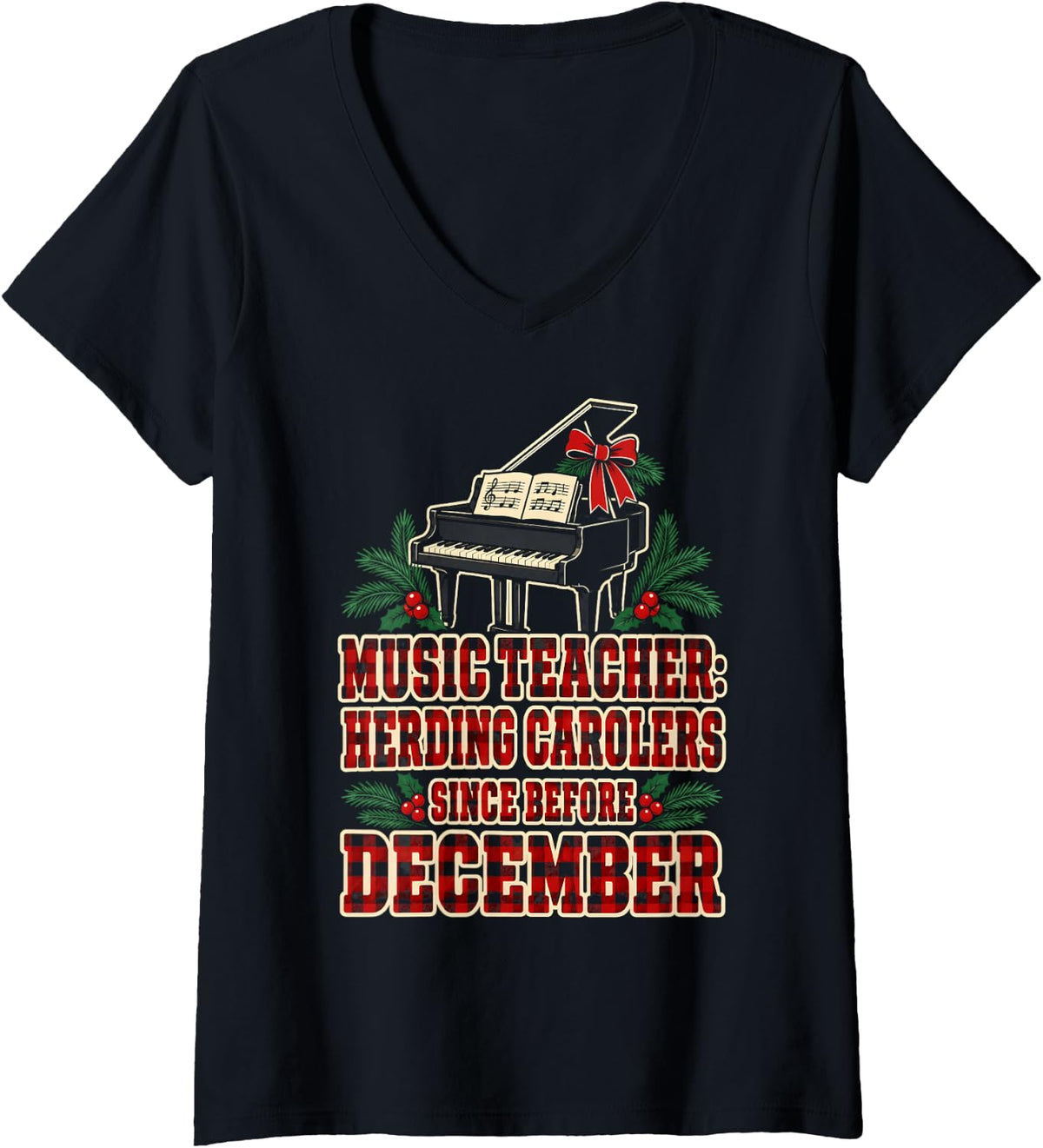 Women's Music Teacher Christmas Herding Carolers Buffalo Plaid Piano V-Neck T-Shirt - Black