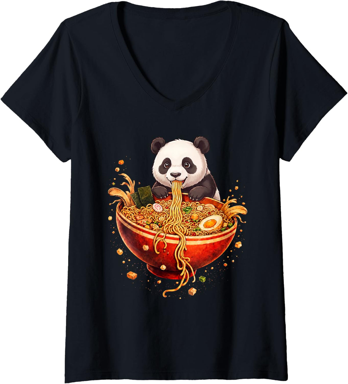 Women's Panda Bear Ramen Japanese Art Funny Anime Graphic Tee Kawaii V-Neck T-Shirt - Black