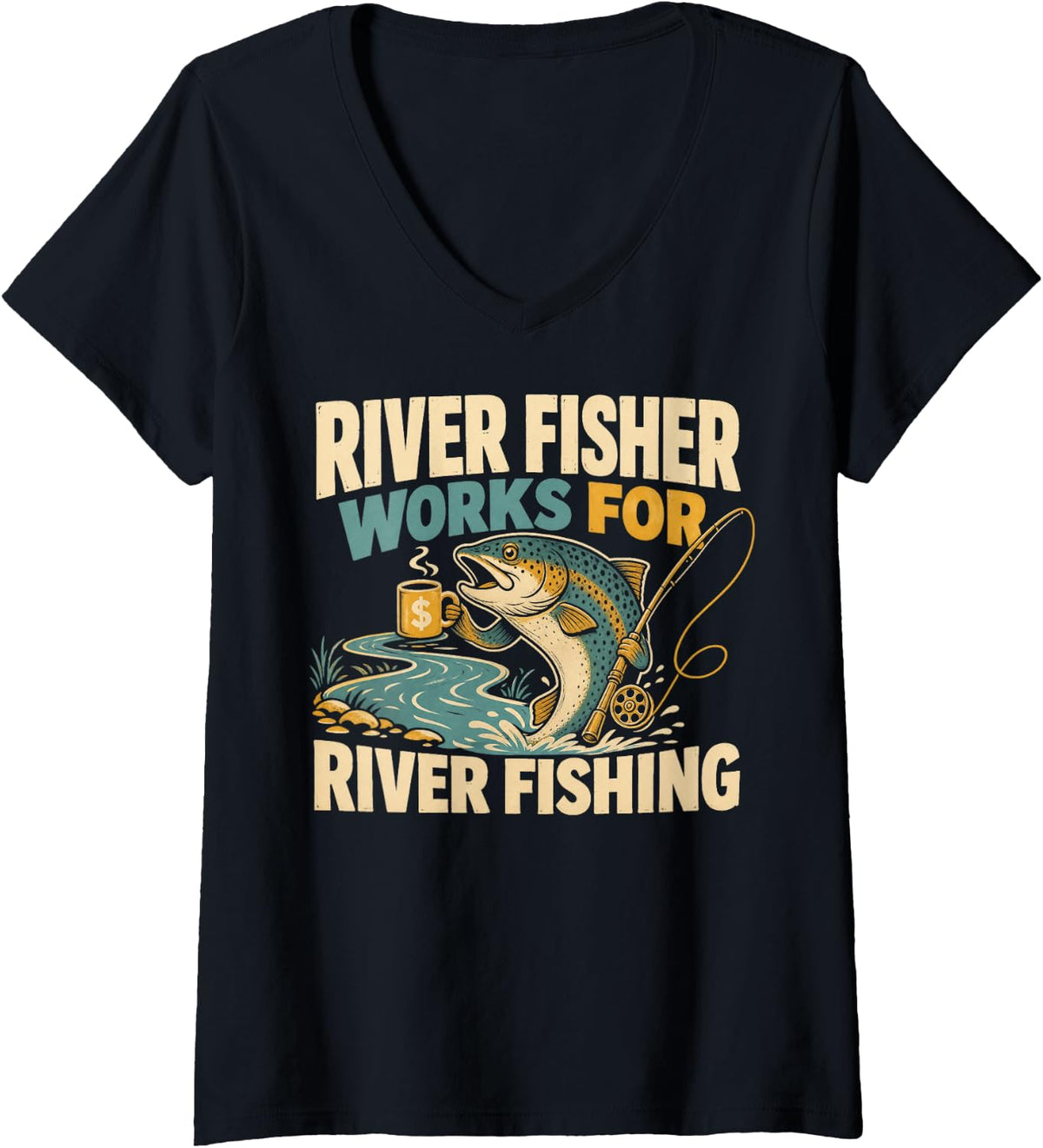 Women's River Fisher Works for River Fishing Angler V-Neck T-Shirt - Black