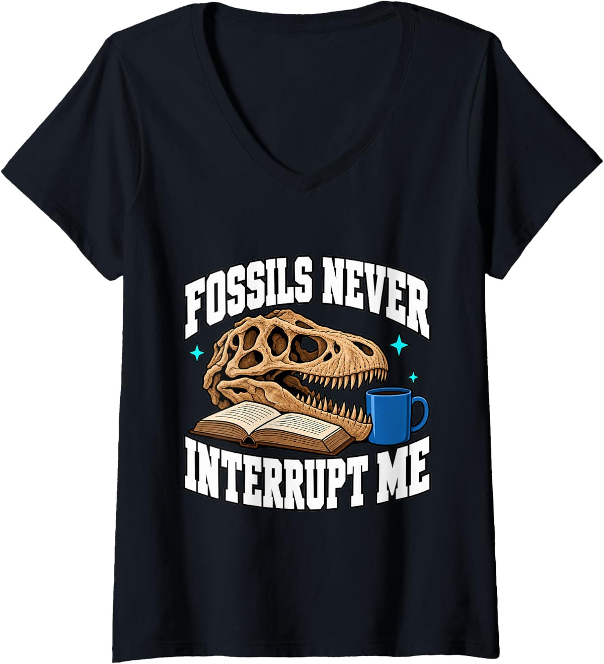 Women's Paleontology Fossils Never Interrupt Me Skull Digger Funny V-Neck T-Shirt - Black