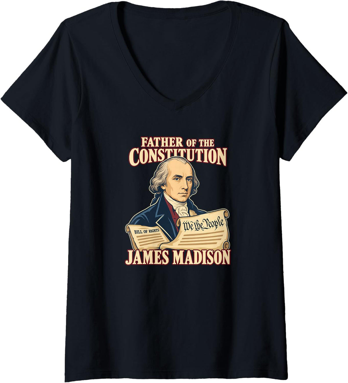 Women's James Madison Father of the Constitution Portrait V-Neck T-Shirt - Black