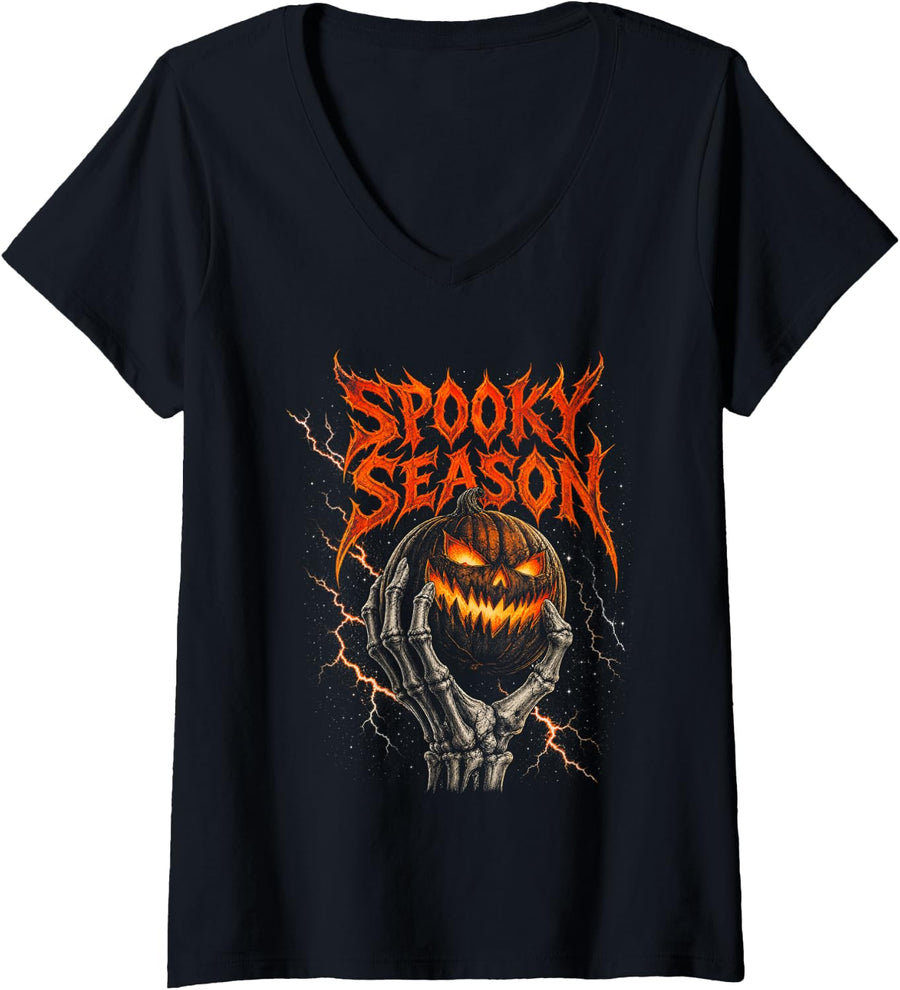 Women's Spooky Season BER Months Bootleg V-Neck T-Shirt - Black