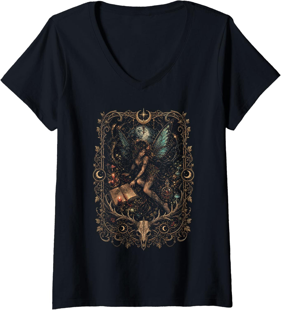 Women's Dark Fairycore Fantasy Forest Beautiful FAE Fairy Aesthetic V-Neck T-Shirt - Black