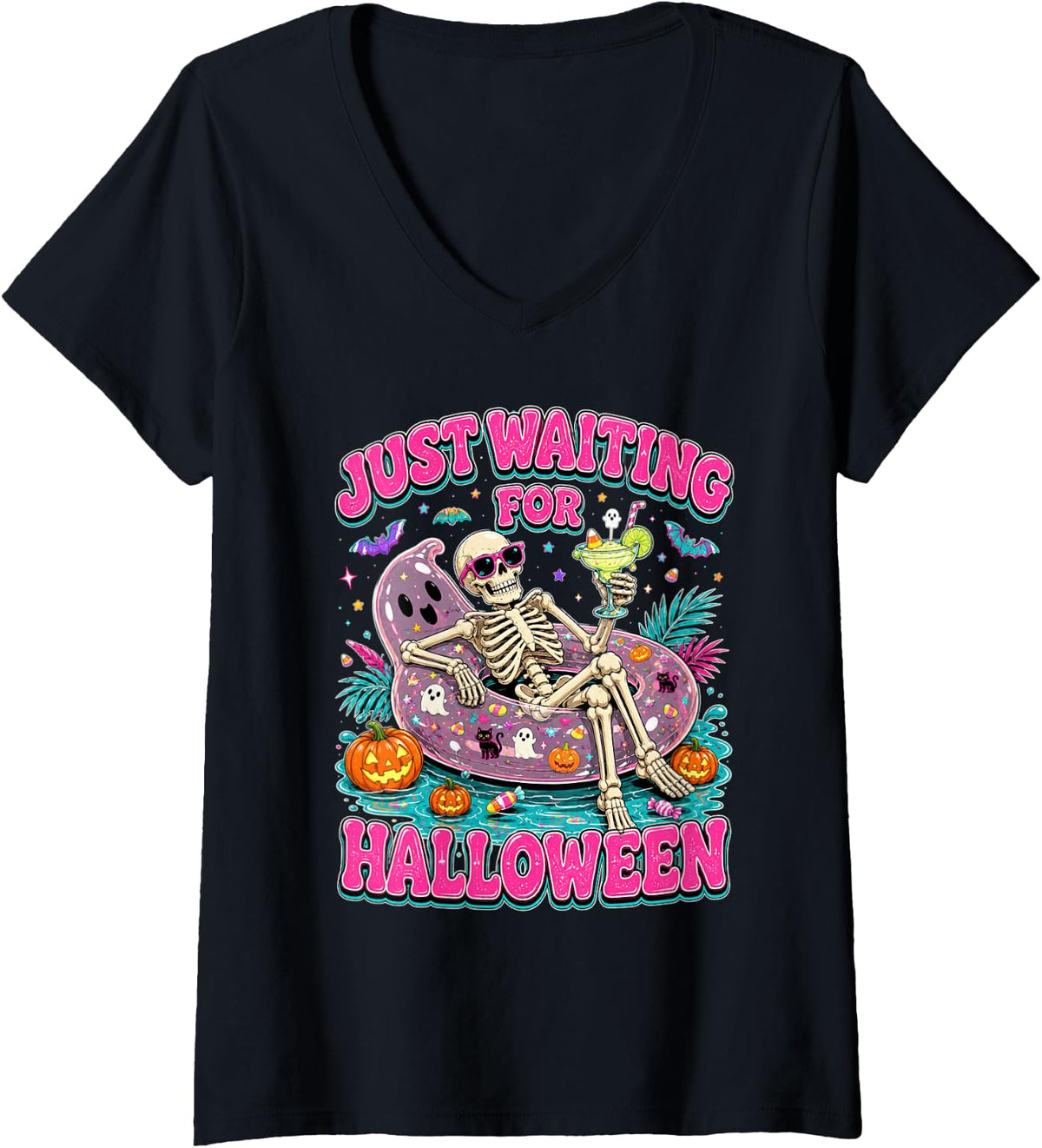 Women's Pink Spooky Season Funny Skeleton Just Waiting for Halloween V-Neck T-Shirt - Black