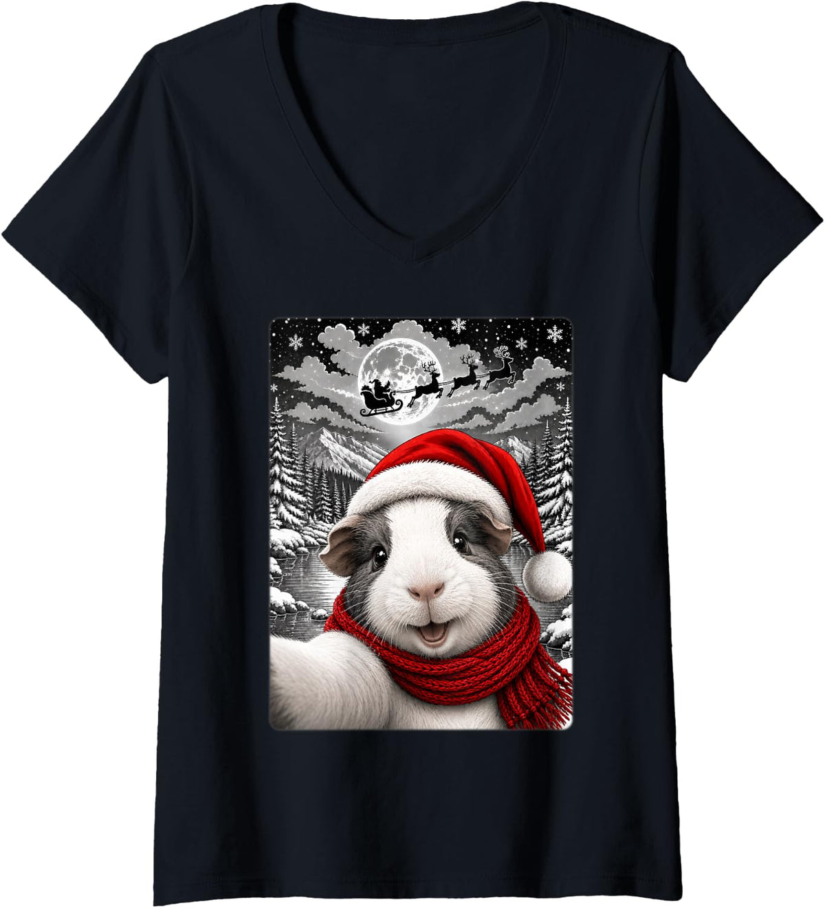 Women's Festive Santa Hat Cutie Guinea Pig Christmas Selfie Fun V-Neck T-Shirt - Black