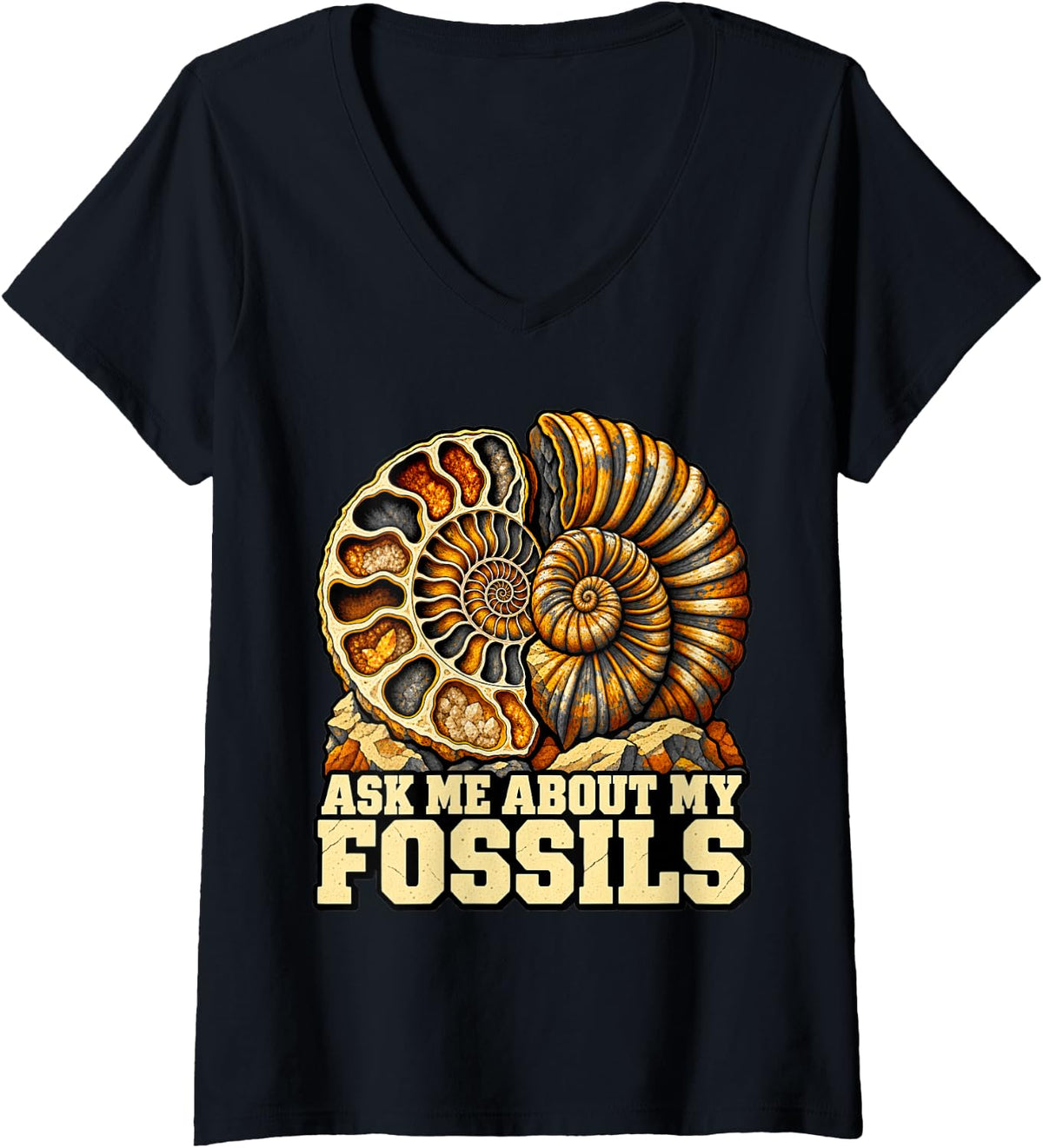 Women's Paleontology Ask Me About My Fossils Hunter Ammonite Fans V-Neck T-Shirt - Black