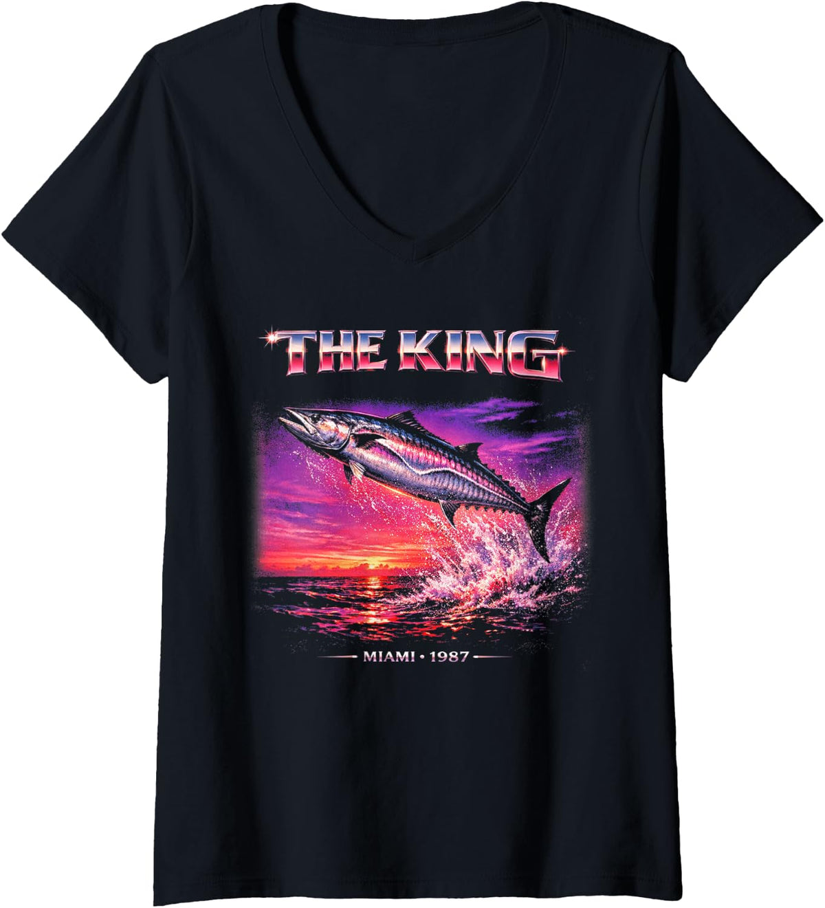 Women's Kingfish Retro 80s Miami FL Deepsea King Mackerel Fishing V-Neck T-Shirt - Black