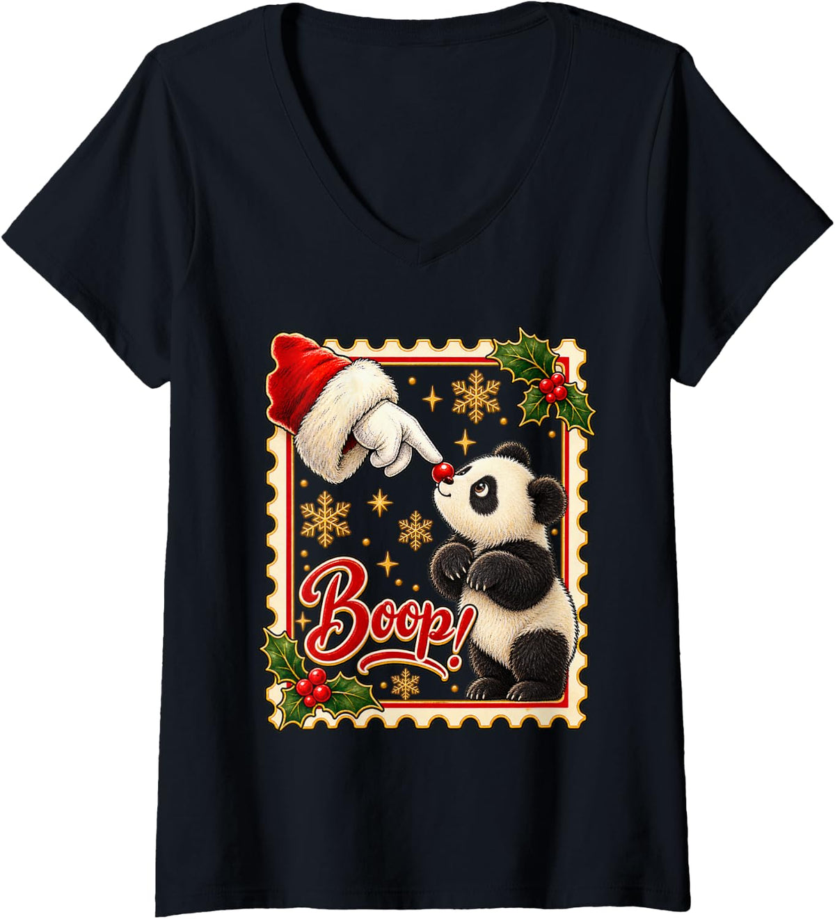 Women's Boop! Panda Playful Christmas Nose Boop V-Neck T-Shirt - Black