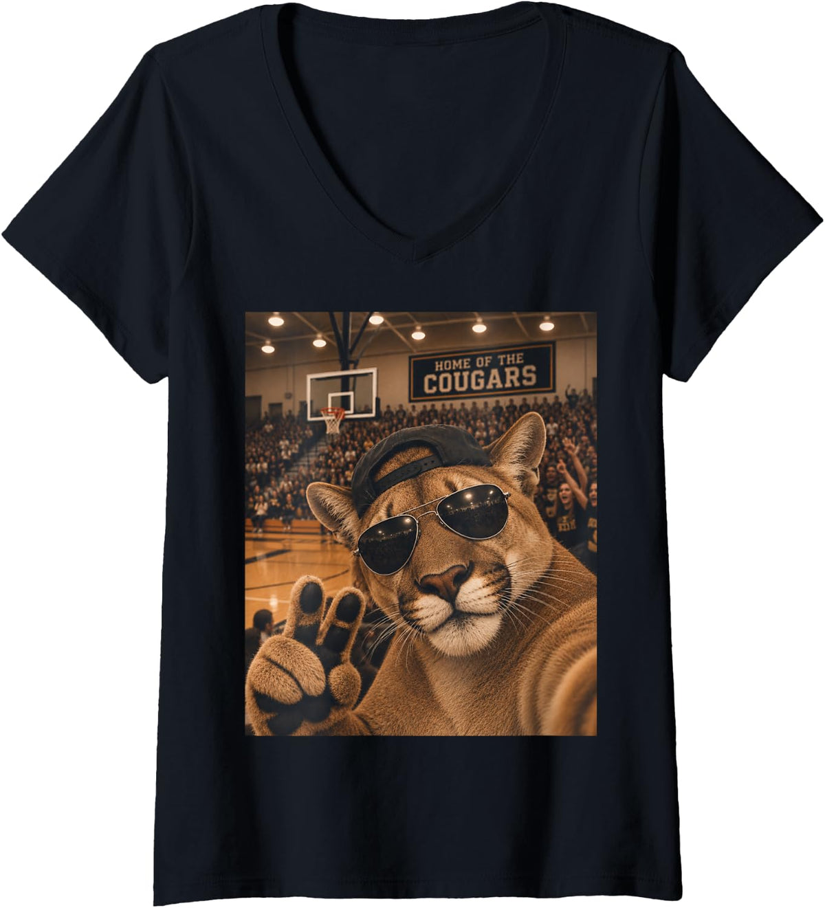 Women's Cougar Selfie Funny Basketball Vintage Game Day Cool Mascot V-Neck T-Shirt - Black