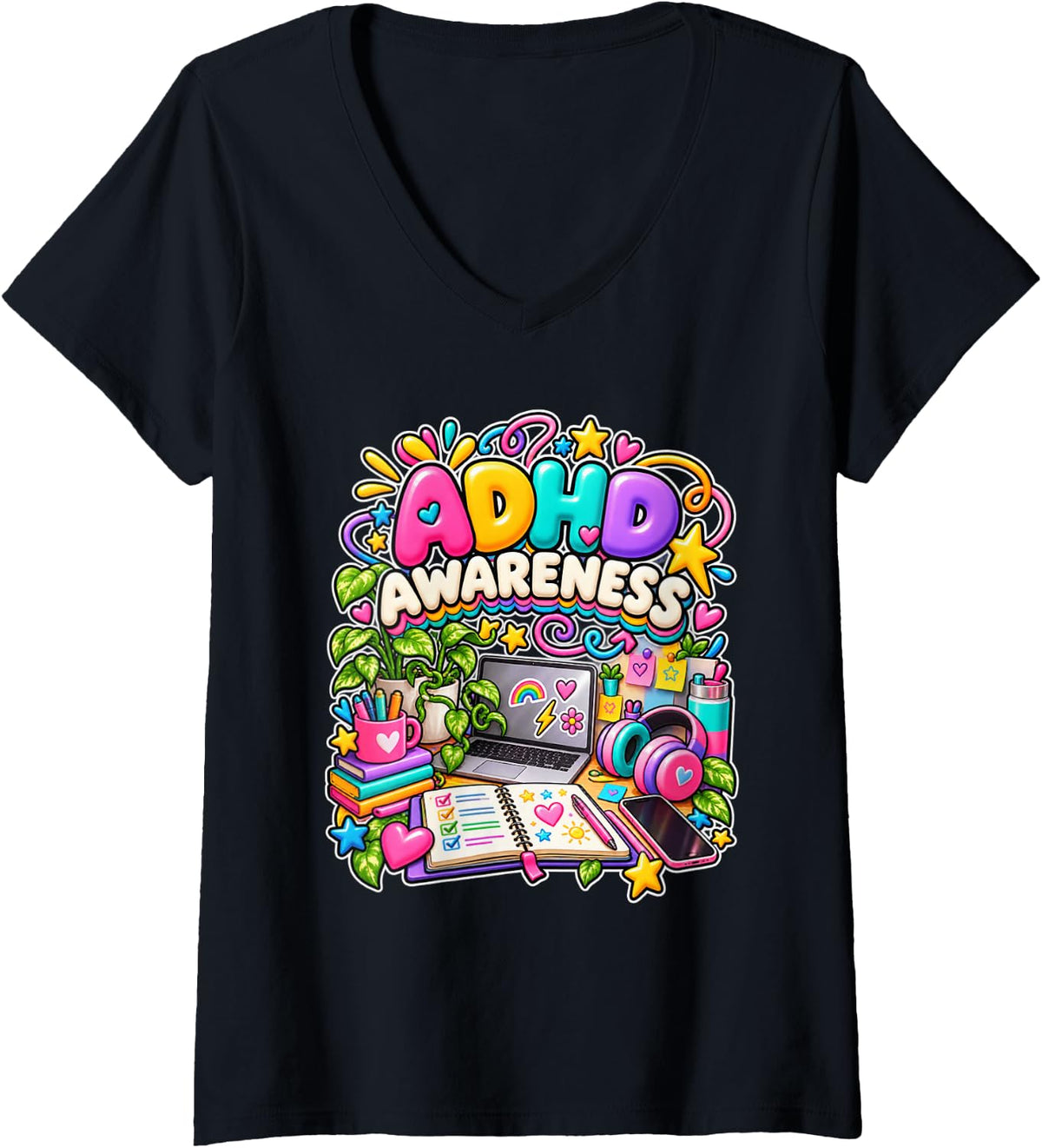 Women's ADHD Awareness Neurodivergent Support Warrior Advocate V-Neck T-Shirt - Black