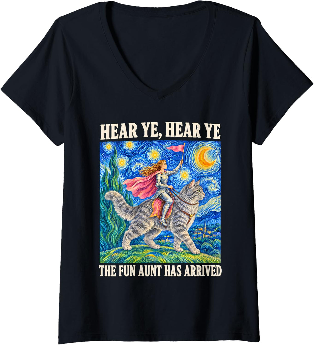 Women's Hear Ye The Fun Aunt Has Arrived Knight Cat Feral Aunt V-Neck T-Shirt - Black