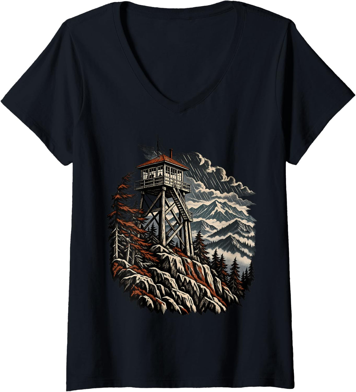 Women's Storm Watch Fire Lookout Tower Scene V-Neck T-Shirt - Black