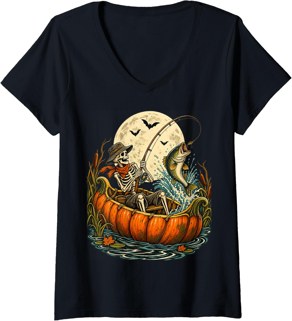Women's Skeleton Fisherman Pumpkin Boat Halloween Bass Fishing V-Neck T-Shirt - Black