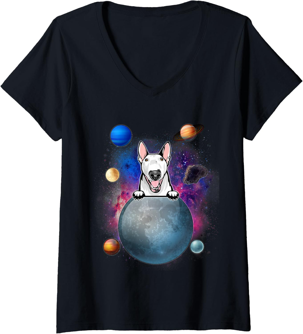 Women's Bull Terrier On The Moon Galaxy Funny Puppy Spcae Dog Lover V-Neck T-Shirt - Black