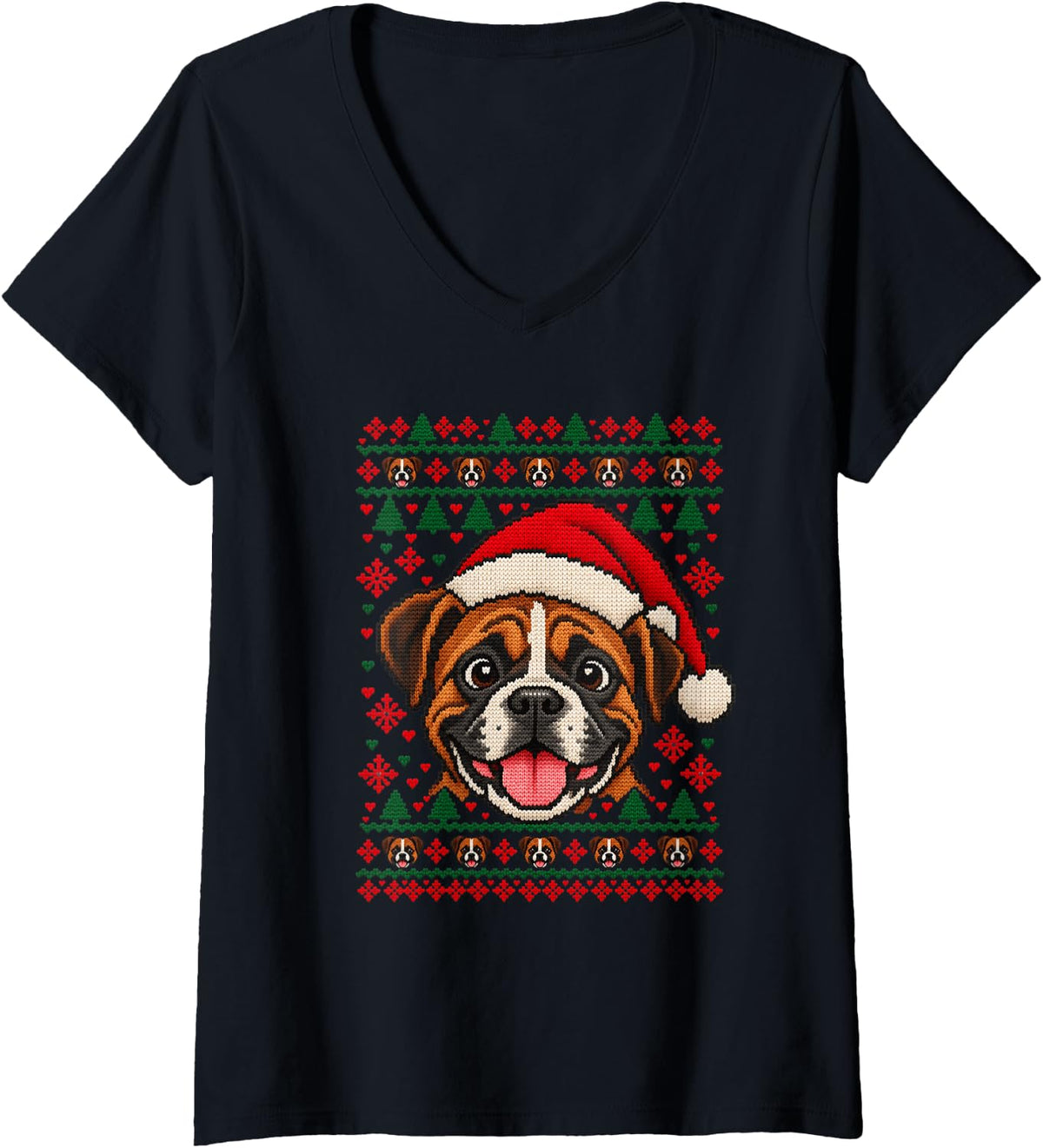 Women's Happy Boxer Christmas Santa Hat Sweater Men Women V-Neck T-Shirt - Black