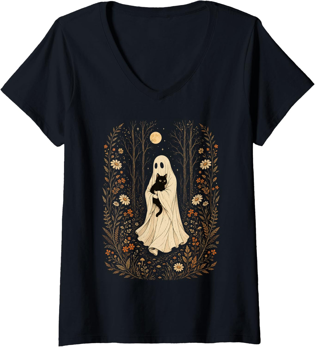 Women's Vintage Ghost Black Cat Wildflowers Autumn Fall Season Retro V-Neck T-Shirt - Black
