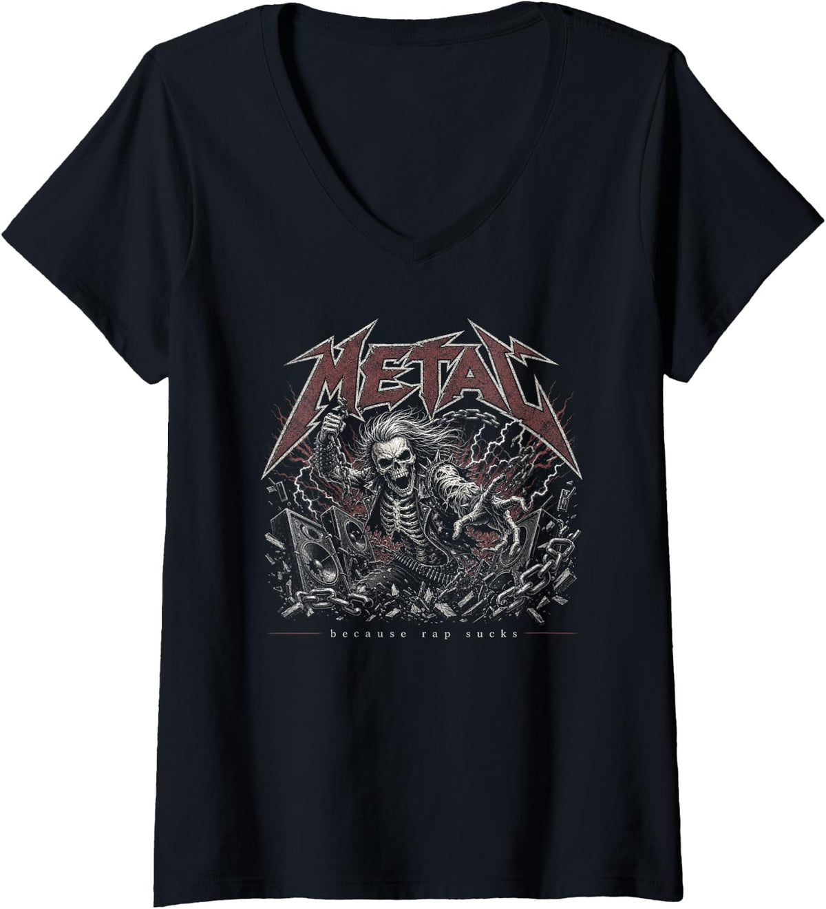 Women's Metal Because Rap Sucks Metalhead Skeleton Heavy Death Black V-Neck T-Shirt - Black