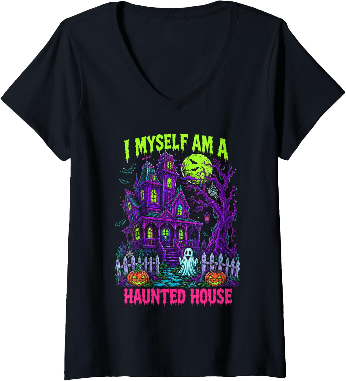 Women's Halloween Vibes Spooky Season I Myself Am Haunted A House V-Neck T-Shirt - Black