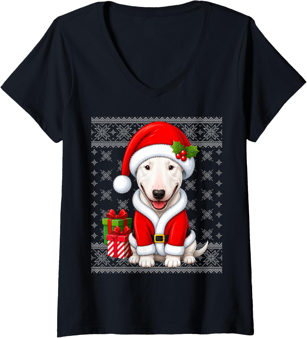 Women's Bull Terrier Dog in Christmas Santa Costume Ugly Xmas V-Neck T-Shirt - Black