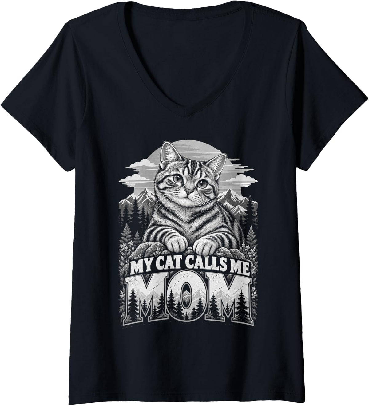Women's My Cat Calls Me Mom - American Shorthair Cat Lover Humor V-Neck T-Shirt - Black