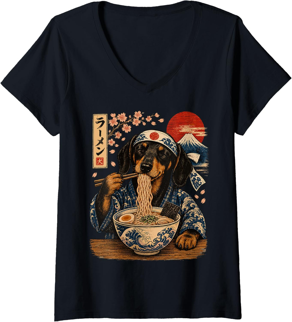 Women's Dachshund Dog Eating Ramen Japanese Wiener Dog V-Neck T-Shirt - Black