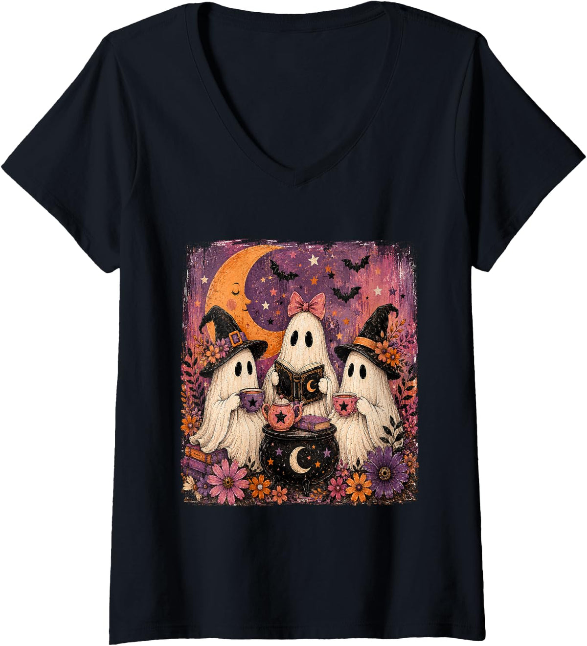 Women's Floral Spooky Season Witchy Tea Party Cute Ghost Halloween V-Neck T-Shirt - Black