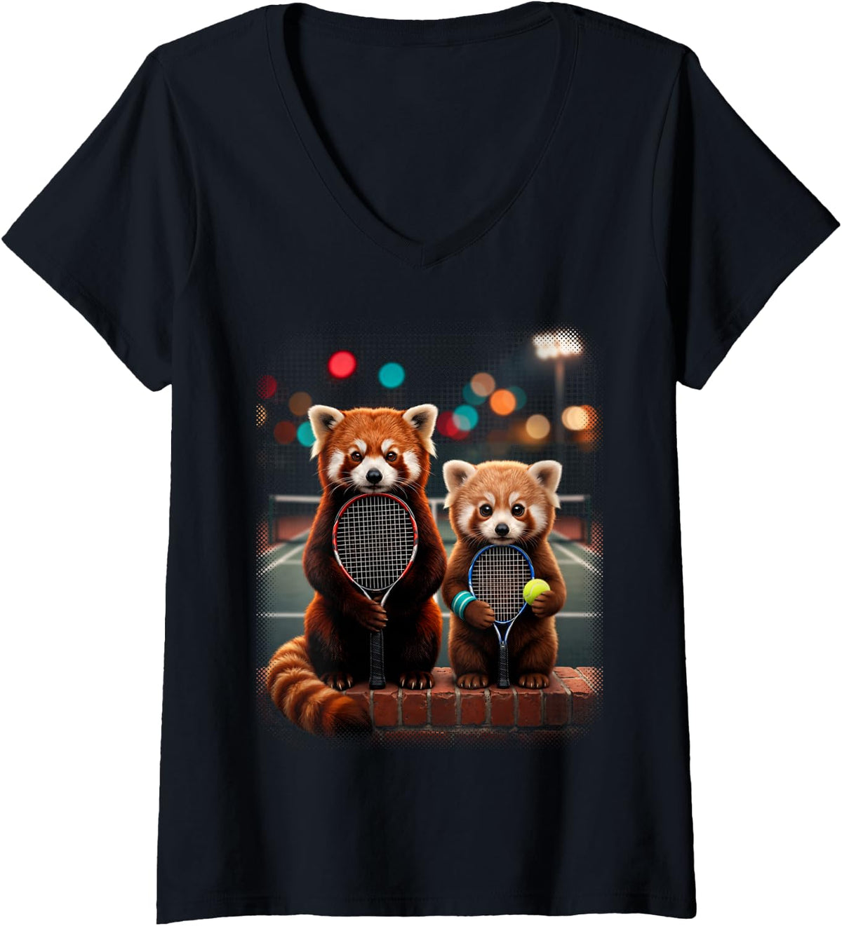 Women's Mommy and Me Matching Tennis Outfits Red Panda Graphic V-Neck T-Shirt - Black