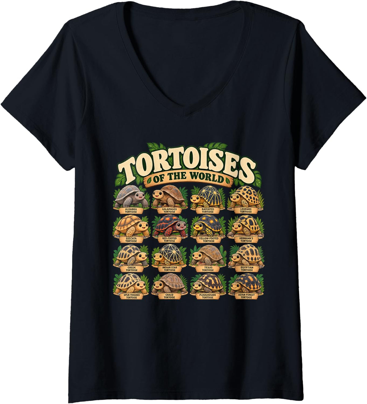 Women's Tortoises of The World Kawaii Reptile Species V-Neck T-Shirt - Black