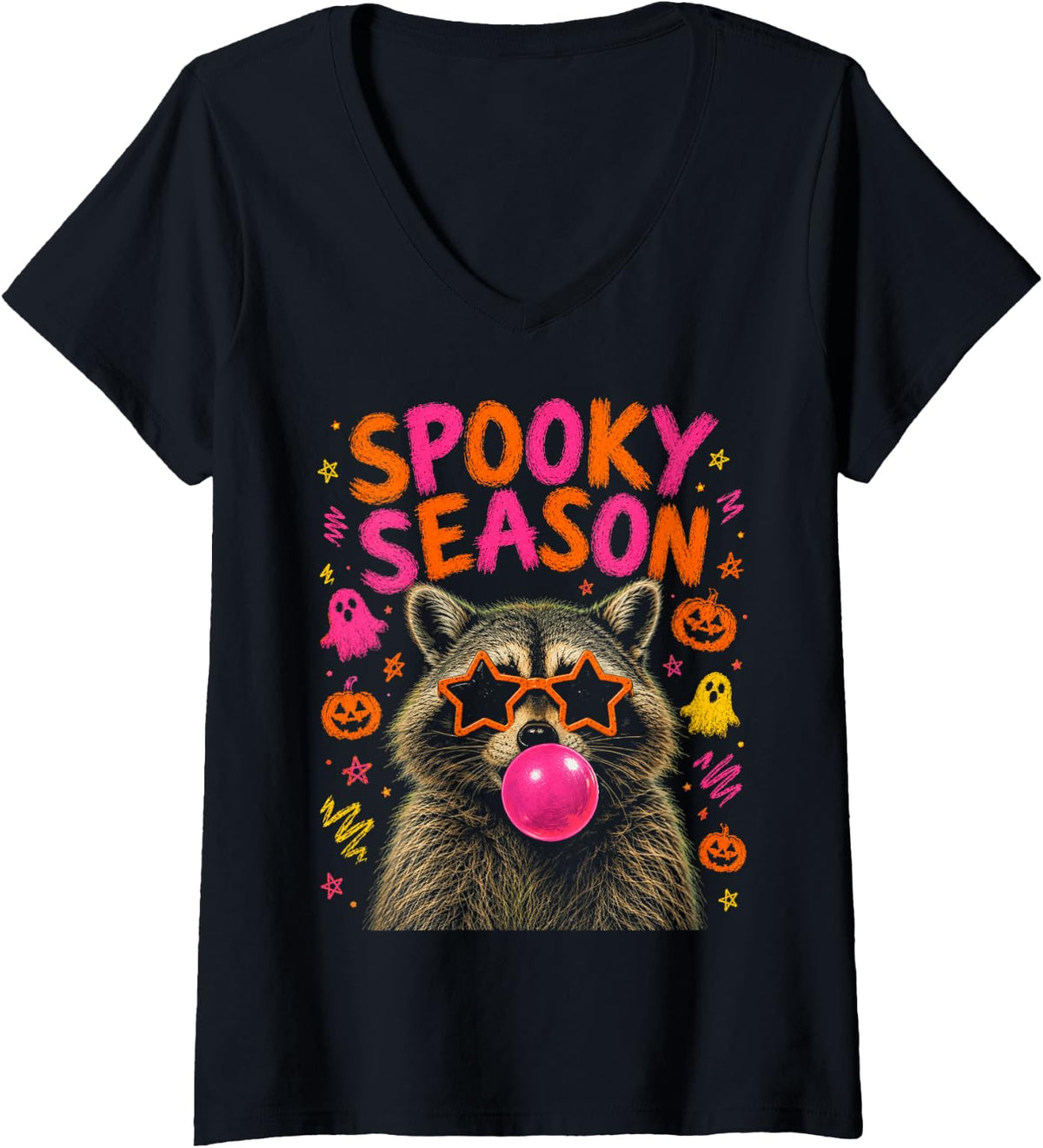 Women's Spooky Season Raccoon Halloween Pumpkin V-Neck T-Shirt - Black