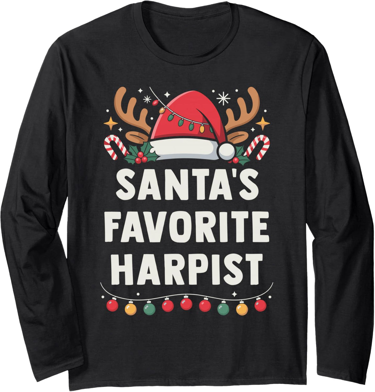 Christmas Concert Santa's Favorite Harpist Holiday Recital Long Sleeve T-Shirt - Adult Unisex Black