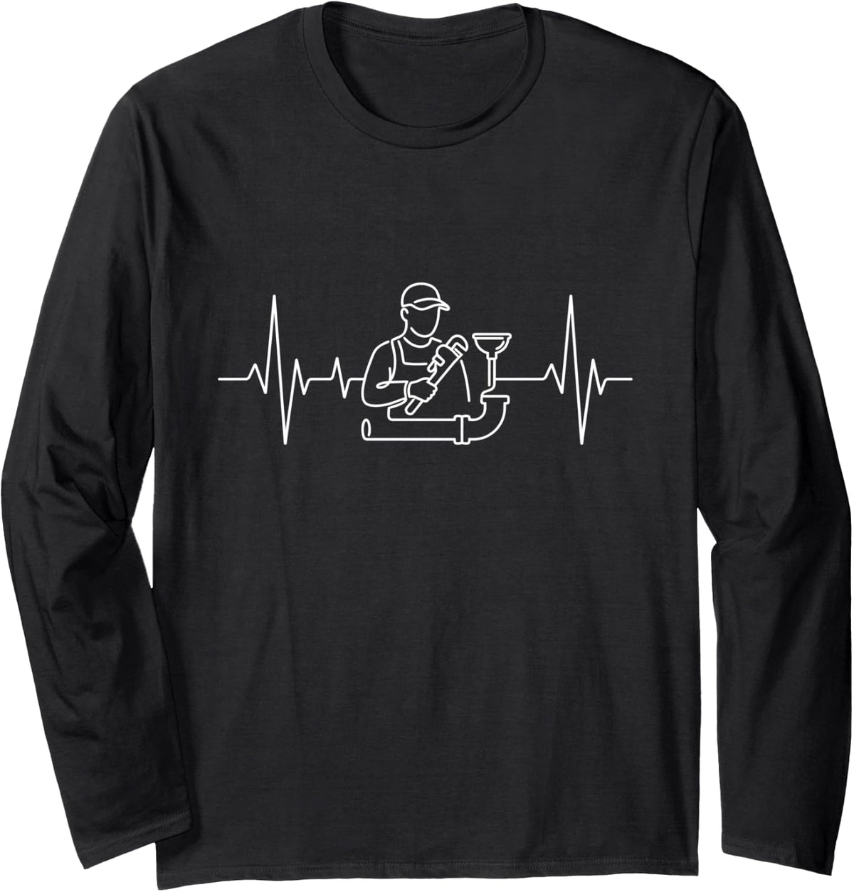 Plumber Heartbeat Pulse Pipe Wrench Plumbing Graphic Long Sleeve T-Shirt - Adult Unisex Black