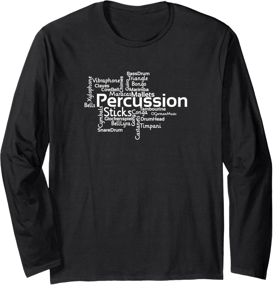 Percussion Word Cloud for Drummers Long Sleeve T-Shirt - Adult Unisex Black
