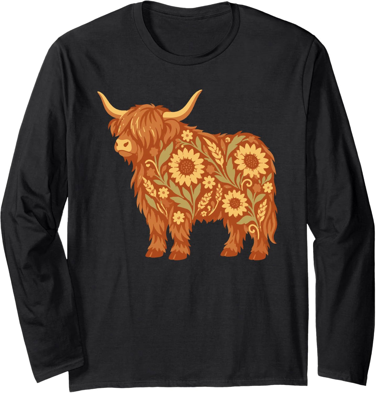 Floral Highland Cow Sunflower Wildflower Farm Gir Long Sleeve T-Shirt - Adult Unisex Black
