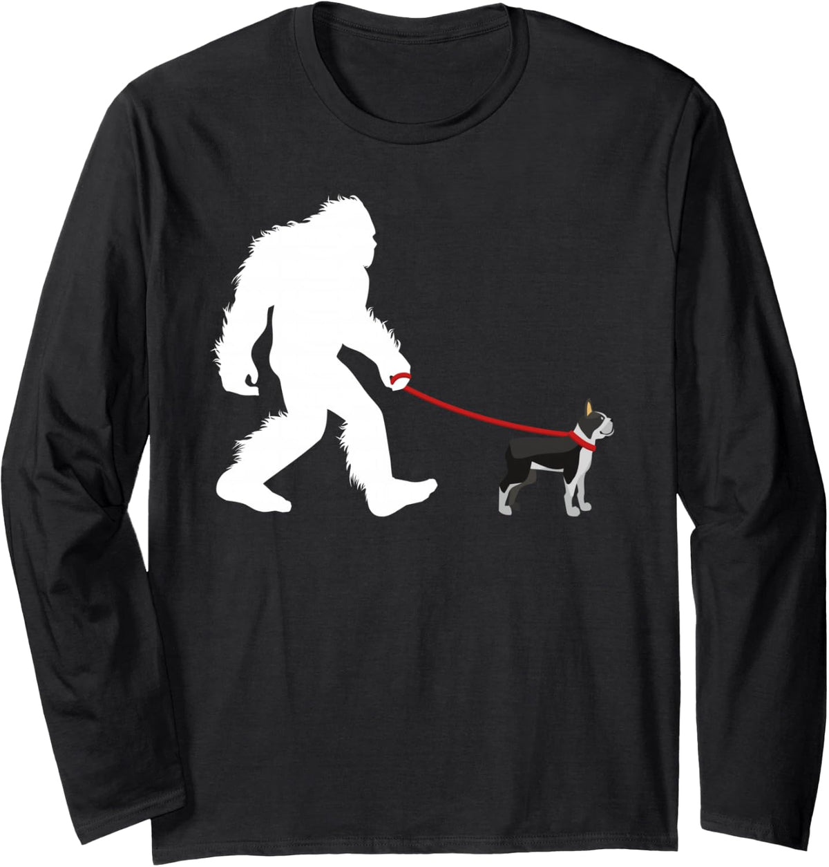 Bigfoot Walking Boston Terrier Dog Walker Long Sleeve T-Shirt - Adult Unisex Black