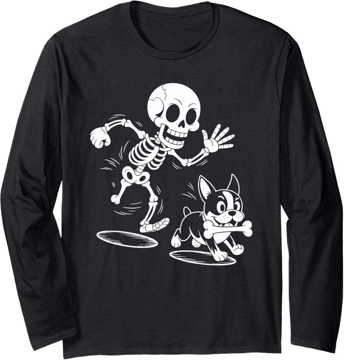 Skeleton Chasing Dog Boston Terrier Funny Halloween Long Sleeve T-Shirt - Adult Unisex Black