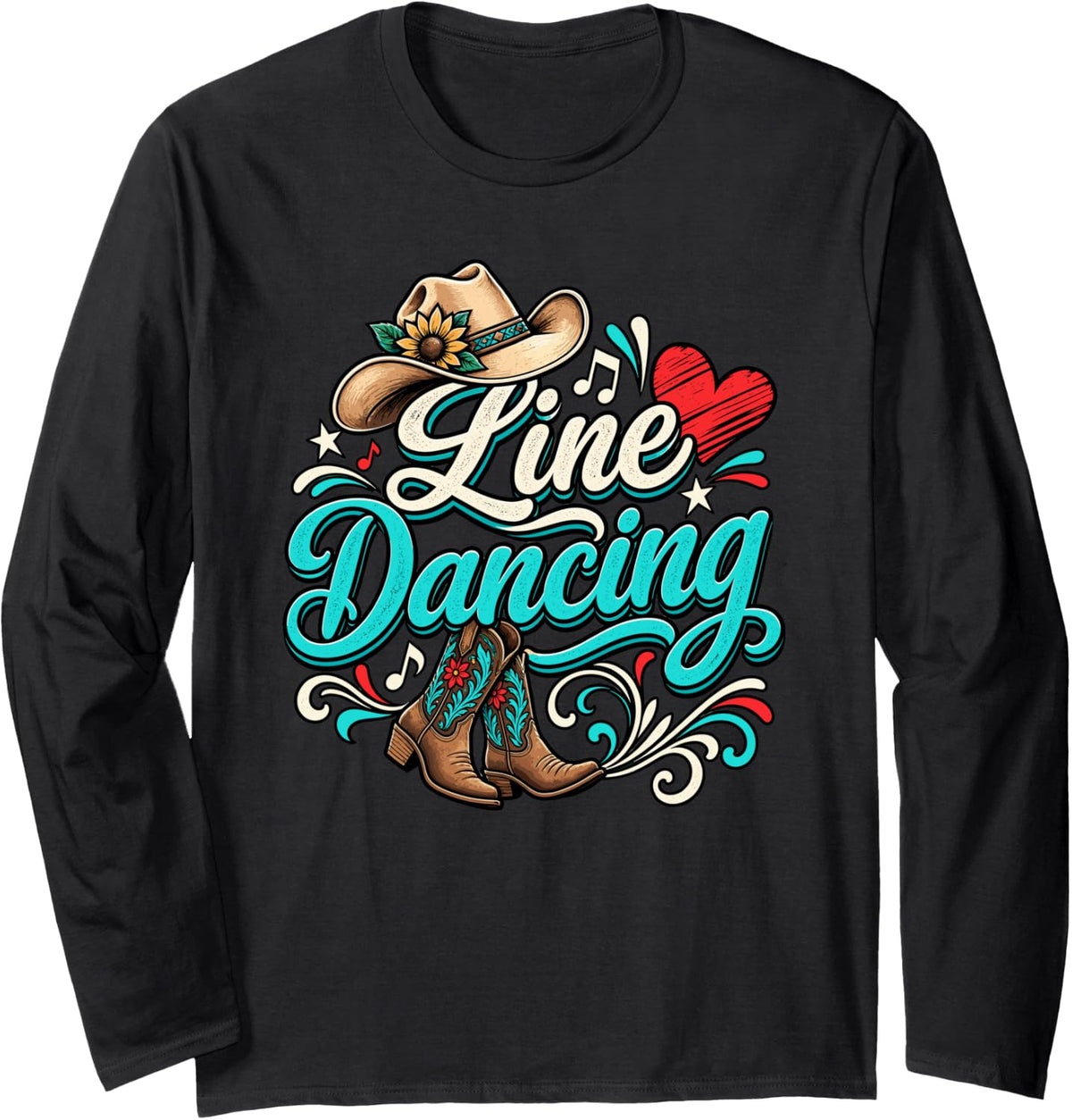 Heart Line Dancing Country Dance Design Long Sleeve T-Shirt - Adult Unisex Black